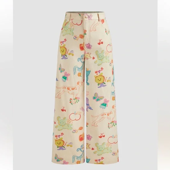 Cider Cream Wide-Leg Pants with Multicolor Fun Pet and Fruit Print - Picture 3 of 15